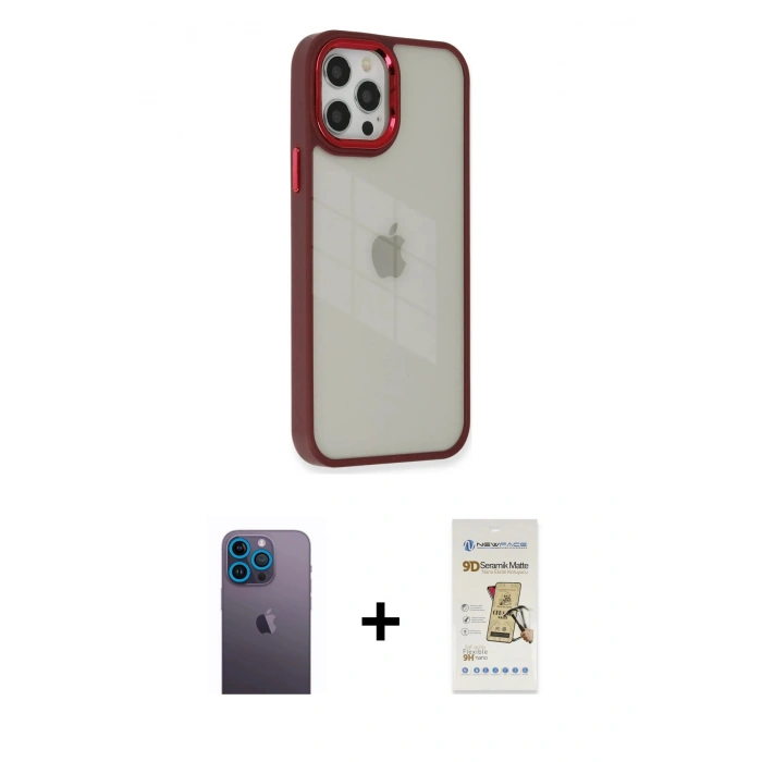 MARSİLYAN™- iPhone 12 Pro Max Kılıf Eksen Doku Prime - Siyah Mat Seramik Nano Ekran Koruyucu + Mavi Neon Fosforlu Kamera Lens