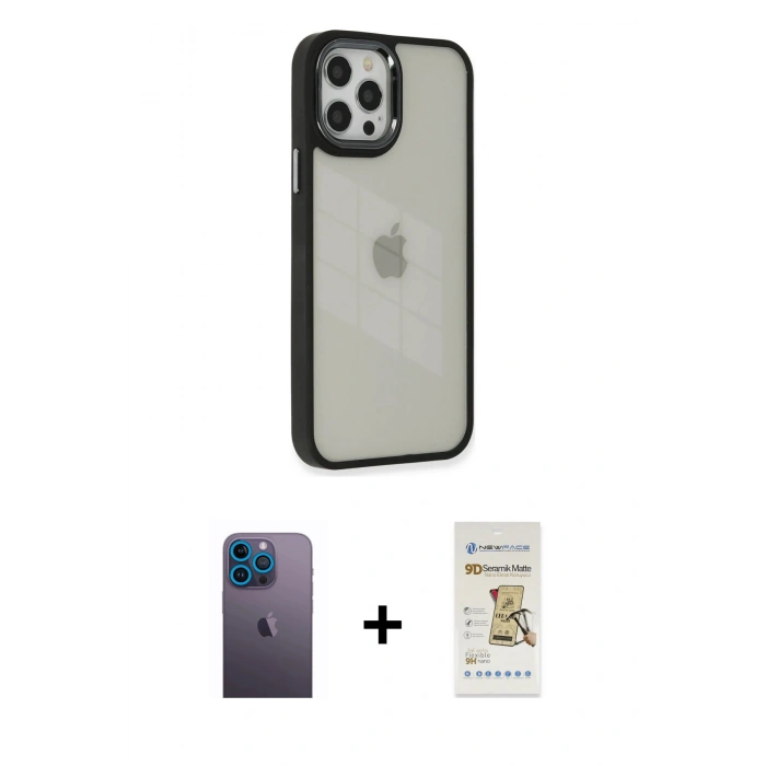 MARSİLYAN™- iPhone 12 Pro Max Kılıf Eksen Doku Prime - Siyah Mat Seramik Nano Ekran Koruyucu + Mavi Neon Fosforlu Kamera Lens