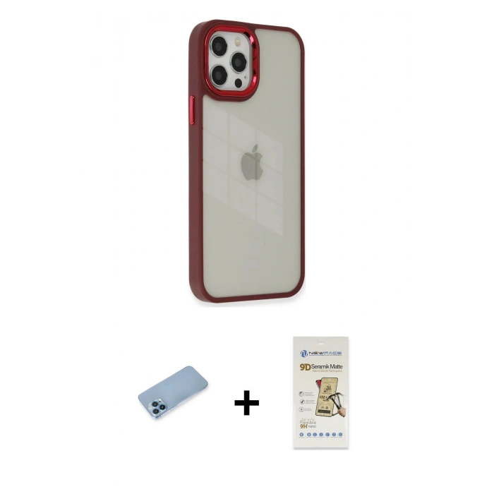 MARSİLYAN™- iPhone 12 Pro Max Kılıf Eksen Doku Prime - Siyah Mat Seramik Nano Ekran Koruyucu + Mavi Shine Kamera Lens Koruma Cam