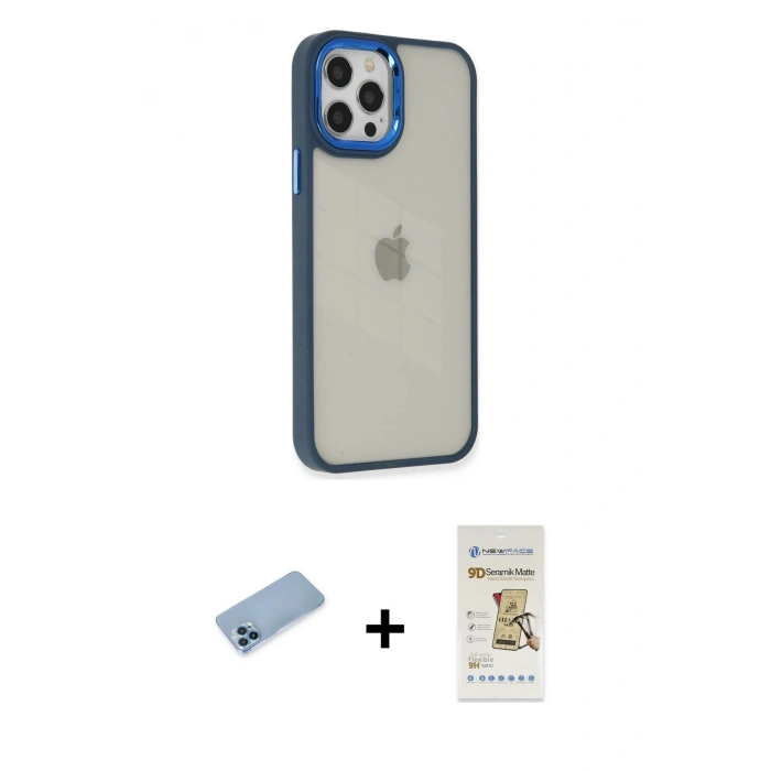 MARSİLYAN™- iPhone 12 Pro Max Kılıf Eksen Doku Prime - Siyah Mat Seramik Nano Ekran Koruyucu + Mavi Shine Kamera Lens Koruma Cam