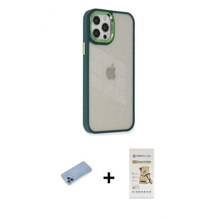 MARSİLYAN™- iPhone 12 Pro Max Kılıf Eksen Doku Prime - Siyah Mat Seramik Nano Ekran Koruyucu + Mavi Shine Kamera Lens Koruma Cam