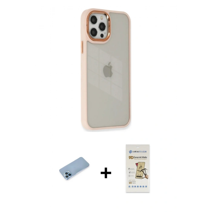 MARSİLYAN™- iPhone 12 Pro Max Kılıf Eksen Doku Prime - Siyah Mat Seramik Nano Ekran Koruyucu + Mavi Shine Kamera Lens Koruma Cam