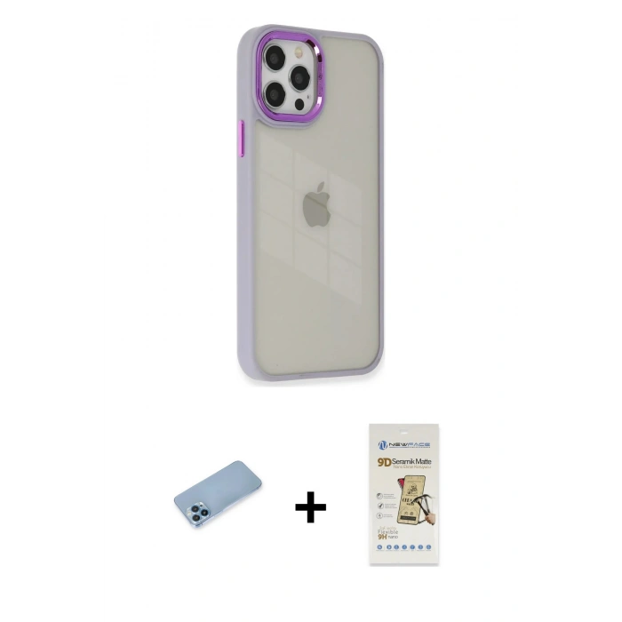 MARSİLYAN™- iPhone 12 Pro Max Kılıf Eksen Doku Prime - Siyah Mat Seramik Nano Ekran Koruyucu + Mavi Shine Kamera Lens Koruma Cam
