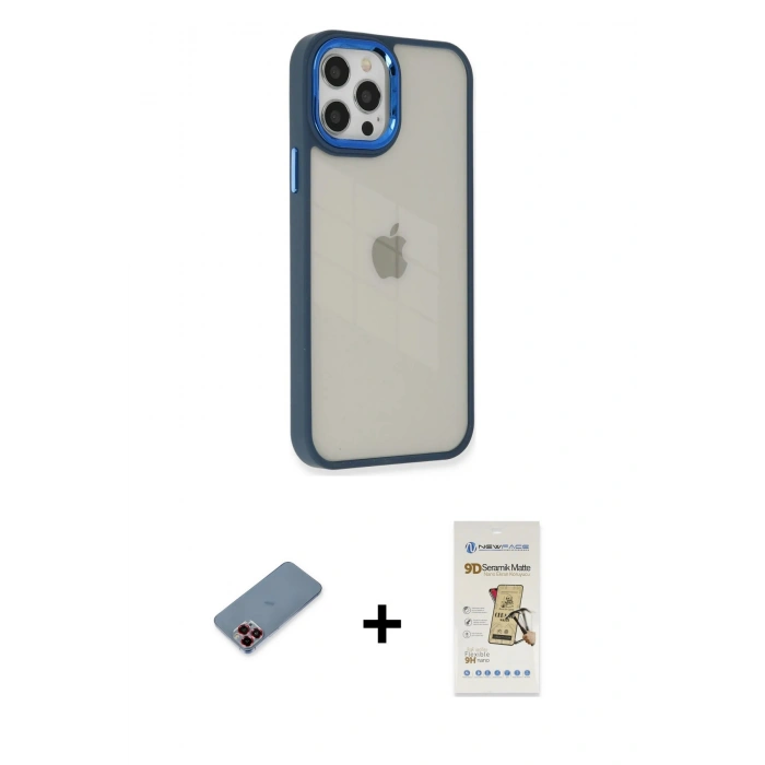 MARSİLYAN™- iPhone 12 Pro Max Kılıf Eksen Doku Prime - Siyah Mat Seramik Nano Ekran Koruyucu + Metal Kamera Lens Koruma Cam - KI