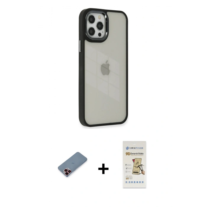 MARSİLYAN™- iPhone 12 Pro Max Kılıf Eksen Doku Prime - Siyah Mat Seramik Nano Ekran Koruyucu + Metal Kamera Lens Koruma Cam - KI