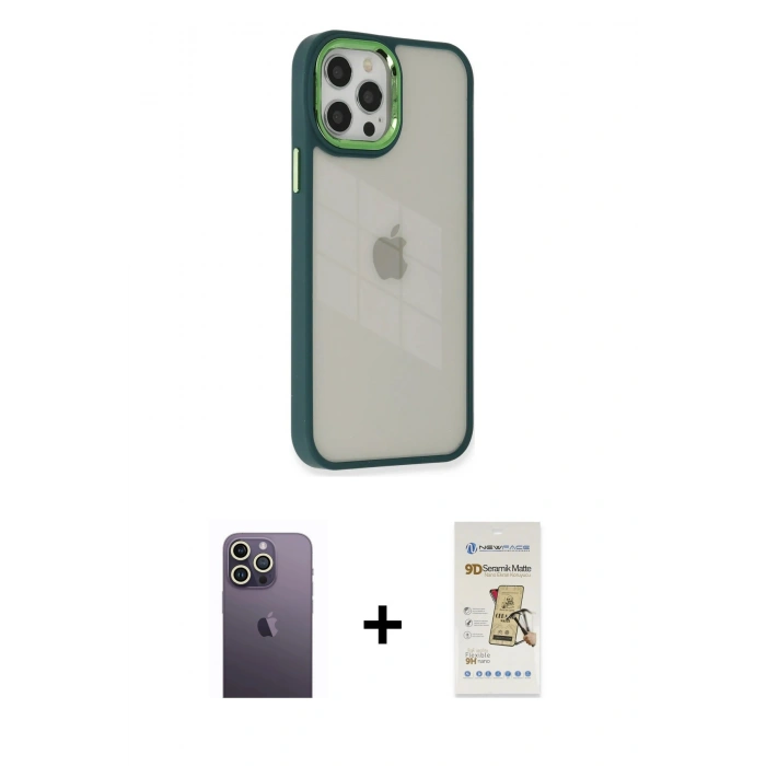 MARSİLYAN™- iPhone 12 Pro Max Kılıf Eksen Doku Prime - Siyah Mat Seramik Nano Ekran Koruyucu + Neon Fosforlu Kamera Lens - BZ