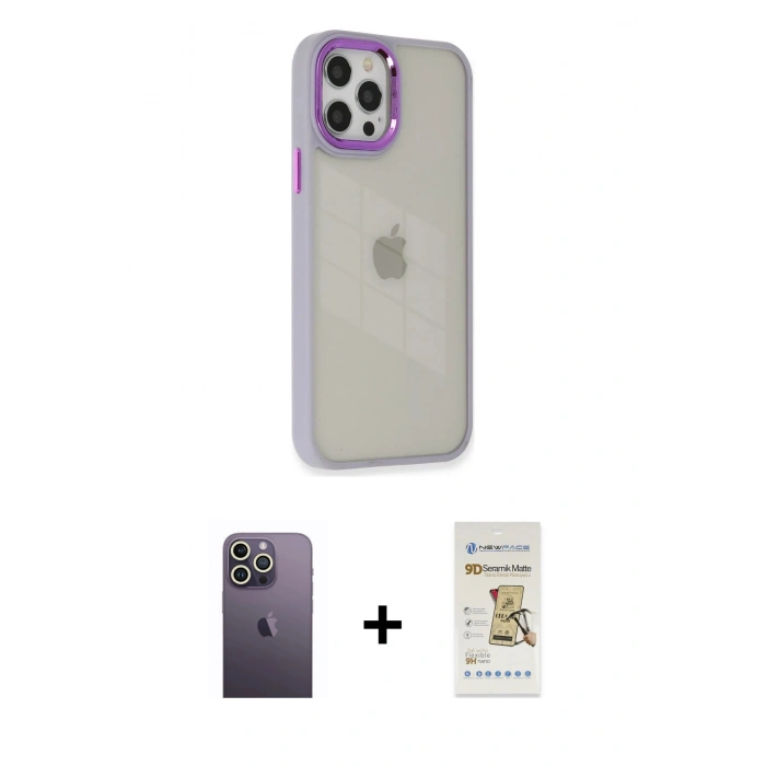 MARSİLYAN™- iPhone 12 Pro Max Kılıf Eksen Doku Prime - Siyah Mat Seramik Nano Ekran Koruyucu + Neon Fosforlu Kamera Lens - BZ
