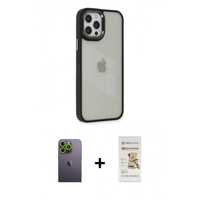 MARSİLYAN™- iPhone 12 Pro Max Kılıf Eksen Doku Prime - Siyah Mat Seramik Nano Ekran Koruyucu + Neon Fosforlu Kamera Lens - YL
