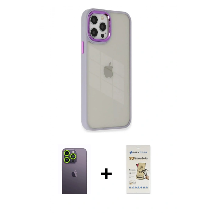 MARSİLYAN™- iPhone 12 Pro Max Kılıf Eksen Doku Prime - Siyah Mat Seramik Nano Ekran Koruyucu + Neon Fosforlu Kamera Lens - YL