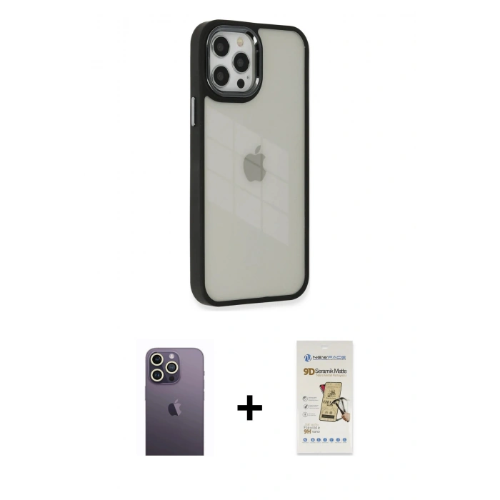 MARSİLYAN™- iPhone 12 Pro Max Kılıf Eksen Doku Prime - Siyah Mat Seramik Nano Ekran Koruyucu + Neon Fosforlu Kamera Lens - BZ