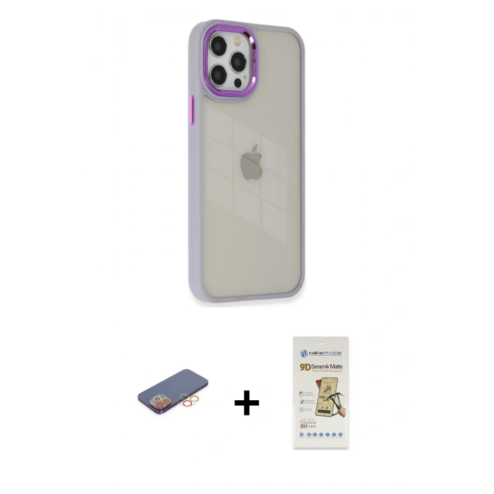 MARSİLYAN™- iPhone 12 Pro Max Kılıf Eksen Doku Prime - Siyah Mat Seramik Nano Ekran Koruyucu + Renkli Kamera Lens Koruma Cam - TU