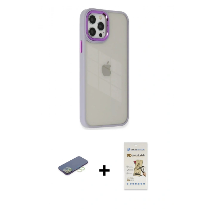 MARSİLYAN™- iPhone 12 Pro Max Kılıf Eksen Doku Prime - Siyah Mat Seramik Nano Ekran Koruyucu + Renkli Kamera Lens Koruma Cam - YL