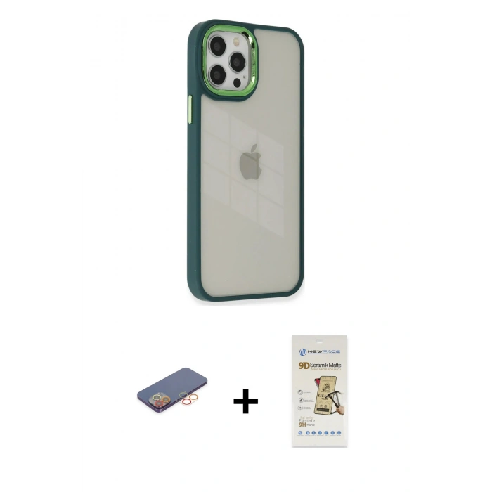 MARSİLYAN™- iPhone 12 Pro Max Kılıf Eksen Doku Prime - Siyah Mat Seramik Nano Ekran Koruyucu + Renkli Kamera Lens Koruma Cam - TU