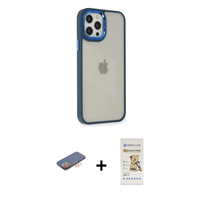 MARSİLYAN™- iPhone 12 Pro Max Kılıf Eksen Doku Prime - Siyah Mat Seramik Nano Ekran Koruyucu + Renkli Kamera Lens Koruma Cam - TU