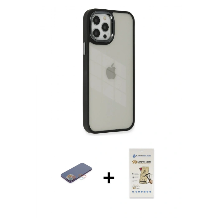 MARSİLYAN™- iPhone 12 Pro Max Kılıf Eksen Doku Prime - Siyah Mat Seramik Nano Ekran Koruyucu + Renkli Kamera Lens Koruma Cam - PE