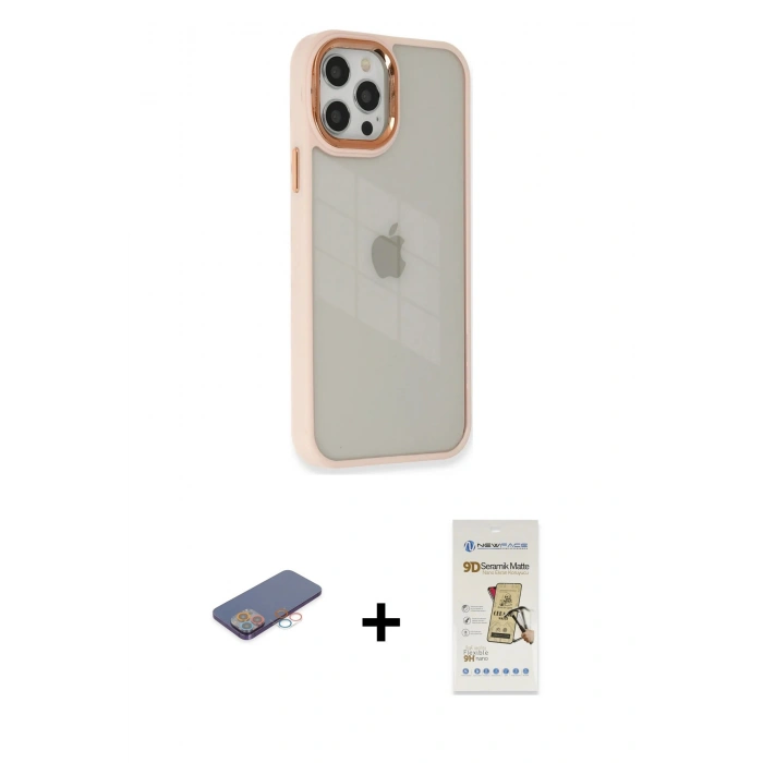 MARSİLYAN™- iPhone 12 Pro Max Kılıf Eksen Doku Prime - Siyah Mat Seramik Nano Ekran Koruyucu + Renkli Kamera Lens Koruma Cam - PE