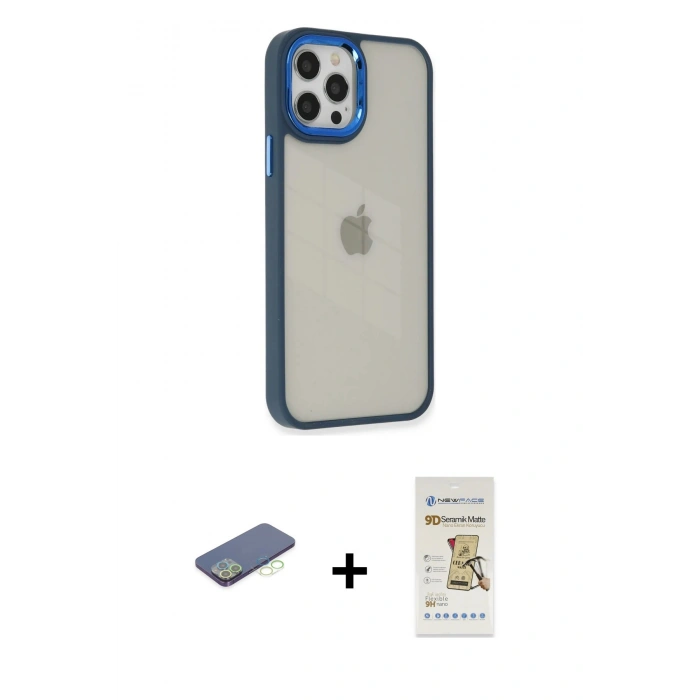MARSİLYAN™- iPhone 12 Pro Max Kılıf Eksen Doku Prime - Siyah Mat Seramik Nano Ekran Koruyucu + Renkli Kamera Lens Koruma Cam - YL