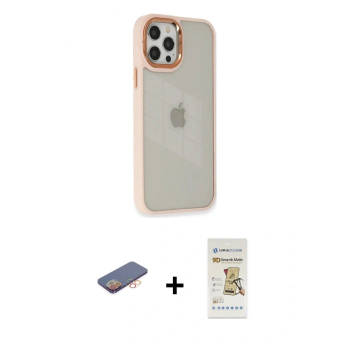 MARSİLYAN™- iPhone 12 Pro Max Kılıf Eksen Doku Prime - Siyah Mat Seramik Nano Ekran Koruyucu + Renkli Kamera Lens Koruma Cam - TU