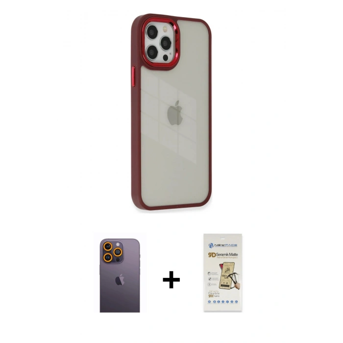 MARSİLYAN™- iPhone 12 Pro Max Kılıf Eksen Doku Prime - Siyah Mat Seramik Nano Ekran Koruyucu + Neon Fosforlu Kamera Lens - SI