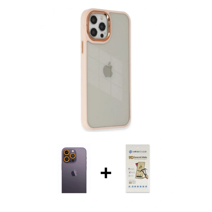 MARSİLYAN™- iPhone 12 Pro Max Kılıf Eksen Doku Prime - Siyah Mat Seramik Nano Ekran Koruyucu + Neon Fosforlu Kamera Lens - SI
