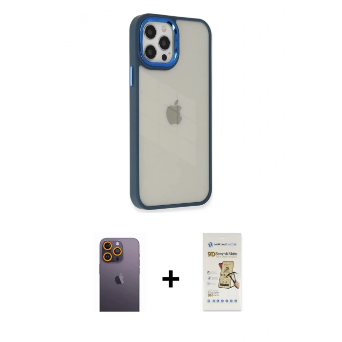 MARSİLYAN™- iPhone 12 Pro Max Kılıf Eksen Doku Prime - Siyah Mat Seramik Nano Ekran Koruyucu + Neon Fosforlu Kamera Lens - SI