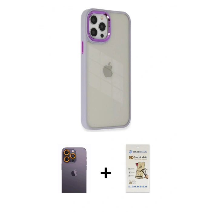 MARSİLYAN™- iPhone 12 Pro Max Kılıf Eksen Doku Prime - Siyah Mat Seramik Nano Ekran Koruyucu + Neon Fosforlu Kamera Lens - SI