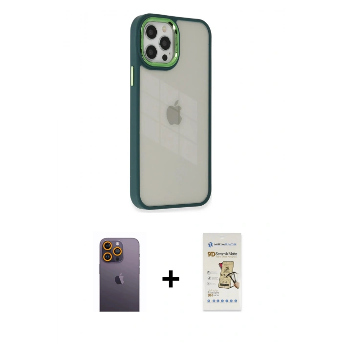 MARSİLYAN™- iPhone 12 Pro Max Kılıf Eksen Doku Prime - Siyah Mat Seramik Nano Ekran Koruyucu + Neon Fosforlu Kamera Lens - SI
