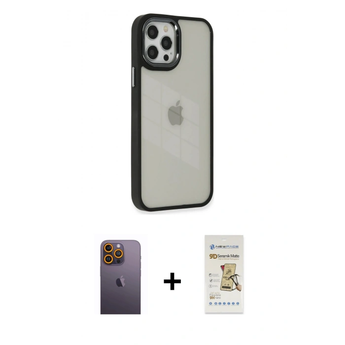 MARSİLYAN™- iPhone 12 Pro Max Kılıf Eksen Doku Prime - Siyah Mat Seramik Nano Ekran Koruyucu + Neon Fosforlu Kamera Lens - SI