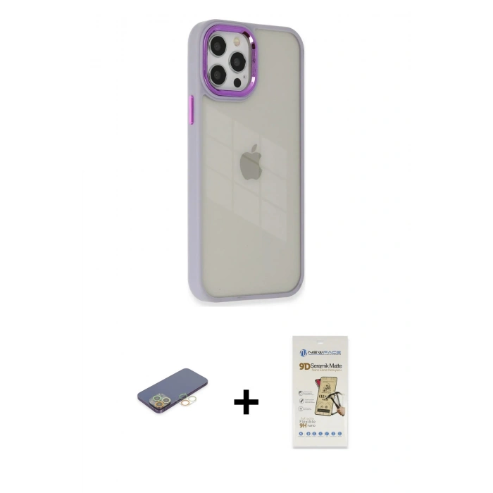 MARSİLYAN™- iPhone 12 Pro Max Kılıf Eksen Doku Prime - Siyah Mat Seramik Nano Ekran Koruyucu + Sarı Renkli Kamera Lens Koruma Cam