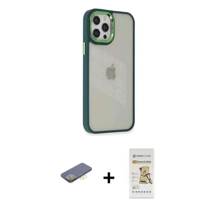 MARSİLYAN™- iPhone 12 Pro Max Kılıf Eksen Doku Prime - Siyah Mat Seramik Nano Ekran Koruyucu + Sarı Renkli Kamera Lens Koruma Cam