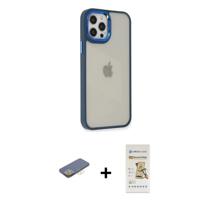 MARSİLYAN™- iPhone 12 Pro Max Kılıf Eksen Doku Prime - Siyah Mat Seramik Nano Ekran Koruyucu + Sarı Renkli Kamera Lens Koruma Cam