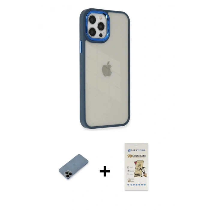 MARSİLYAN™- iPhone 12 Pro Max Kılıf Eksen Doku Prime - Siyah Mat Seramik Nano Ekran Koruyucu + Shine Kamera Lens Koruma Cam - SH