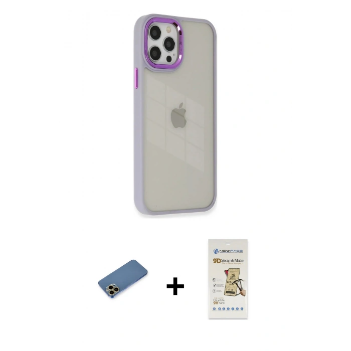 MARSİLYAN™- iPhone 12 Pro Max Kılıf Eksen Doku Prime - Siyah Mat Seramik Nano Ekran Koruyucu + Shine Kamera Lens Koruma Cam - GD