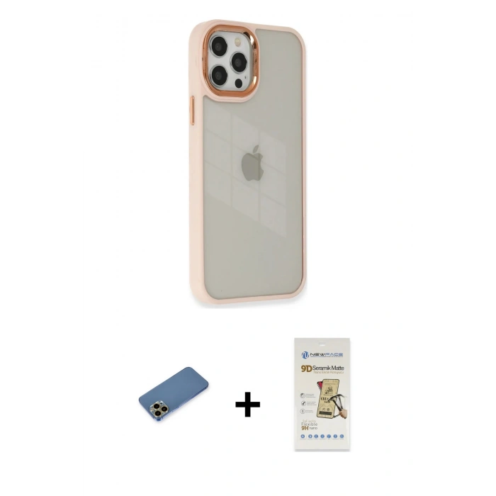 MARSİLYAN™- iPhone 12 Pro Max Kılıf Eksen Doku Prime - Siyah Mat Seramik Nano Ekran Koruyucu + Shine Kamera Lens Koruma Cam - GD
