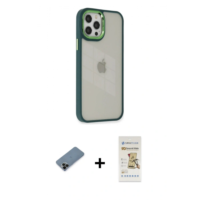 MARSİLYAN™- iPhone 12 Pro Max Kılıf Eksen Doku Prime - Siyah Mat Seramik Nano Ekran Koruyucu + Shine Kamera Lens Koruma Cam - SH