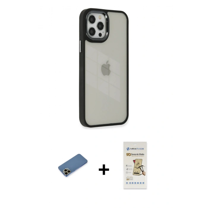 MARSİLYAN™- iPhone 12 Pro Max Kılıf Eksen Doku Prime - Siyah Mat Seramik Nano Ekran Koruyucu + Shine Kamera Lens Koruma Cam - GD