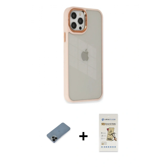 MARSİLYAN™- iPhone 12 Pro Max Kılıf Eksen Doku Prime - Siyah Mat Seramik Nano Ekran Koruyucu + Shine Kamera Lens Koruma Cam - SH