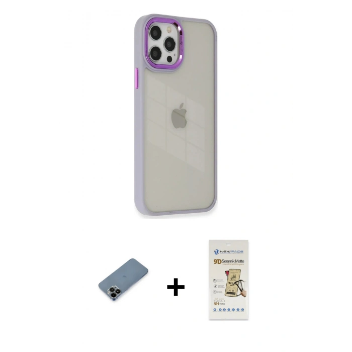 MARSİLYAN™- iPhone 12 Pro Max Kılıf Eksen Doku Prime - Siyah Mat Seramik Nano Ekran Koruyucu + Shine Kamera Lens Koruma Cam - SH