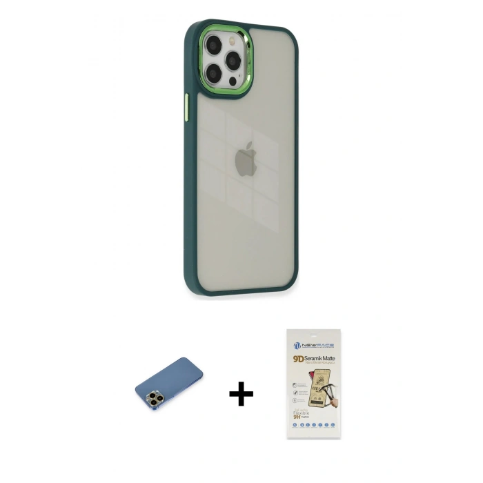 MARSİLYAN™- iPhone 12 Pro Max Kılıf Eksen Doku Prime - Siyah Mat Seramik Nano Ekran Koruyucu + Shine Kamera Lens Koruma Cam - GD