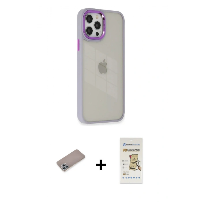 MARSİLYAN™- iPhone 12 Pro Max Kılıf Eksen Doku Prime - Siyah Mat Seramik Nano Ekran Koruyucu + Sierra Blue Shine Kamera Lens Koruma Cam