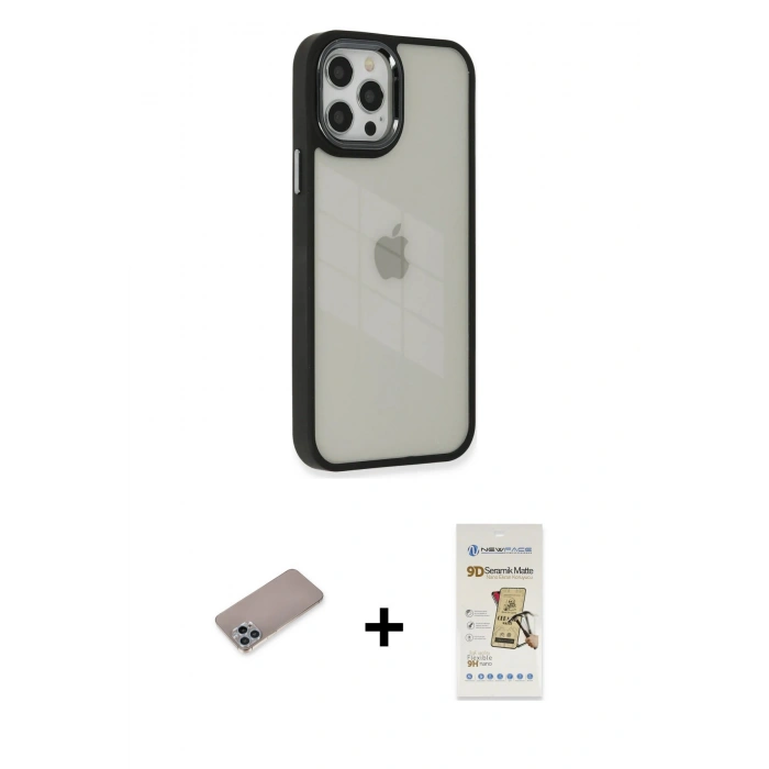 MARSİLYAN™- iPhone 12 Pro Max Kılıf Eksen Doku Prime - Siyah Mat Seramik Nano Ekran Koruyucu + Sierra Blue Shine Kamera Lens Koruma Cam