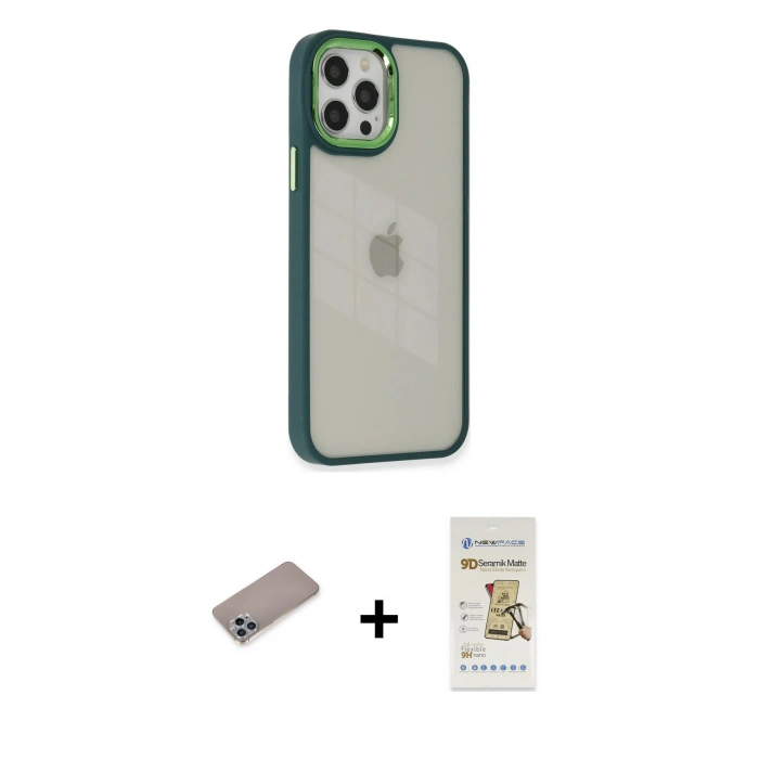 MARSİLYAN™- iPhone 12 Pro Max Kılıf Eksen Doku Prime - Siyah Mat Seramik Nano Ekran Koruyucu + Sierra Blue Shine Kamera Lens Koruma Cam