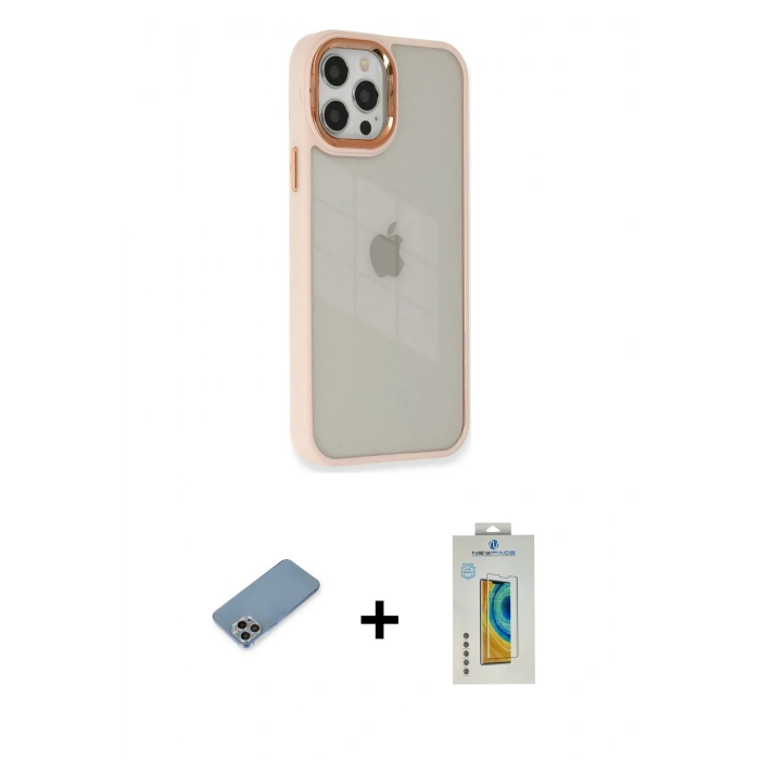 MARSİLYAN™- iPhone 12 Pro Max Kılıf Eksen Doku Prime - Siyah Polymer Nano Ekran Koruyucu + Shine Kamera Lens Koruma Cam - GI