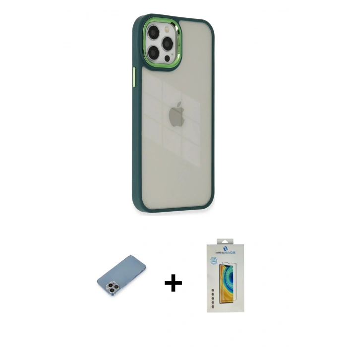 MARSİLYAN™- iPhone 12 Pro Max Kılıf Eksen Doku Prime - Siyah Polymer Nano Ekran Koruyucu + Shine Kamera Lens Koruma Cam - GI