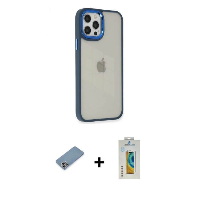 MARSİLYAN™- iPhone 12 Pro Max Kılıf Eksen Doku Prime - Siyah Polymer Nano Ekran Koruyucu + Shine Kamera Lens Koruma Cam - GI