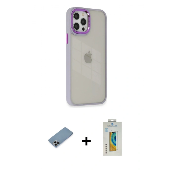 MARSİLYAN™- iPhone 12 Pro Max Kılıf Eksen Doku Prime - Siyah Polymer Nano Ekran Koruyucu + Shine Kamera Lens Koruma Cam - GI