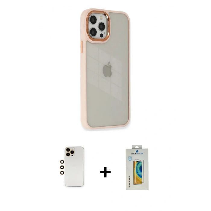 MARSİLYAN™- iPhone 12 Pro Max Kılıf Eksen Doku Prime - Siyah Polymer Nano Ekran Koruyucu + Gold Shine Kamera Lens