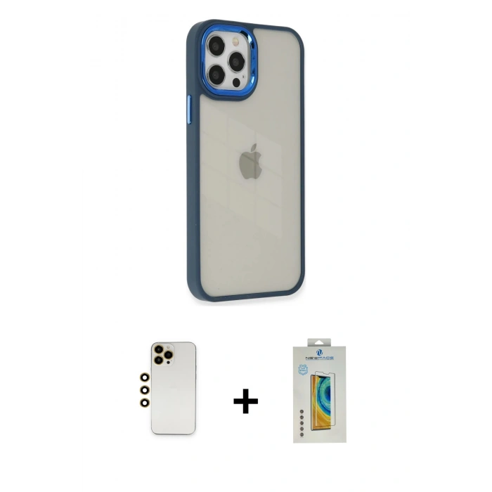 MARSİLYAN™- iPhone 12 Pro Max Kılıf Eksen Doku Prime - Siyah Polymer Nano Ekran Koruyucu + Gold Shine Kamera Lens