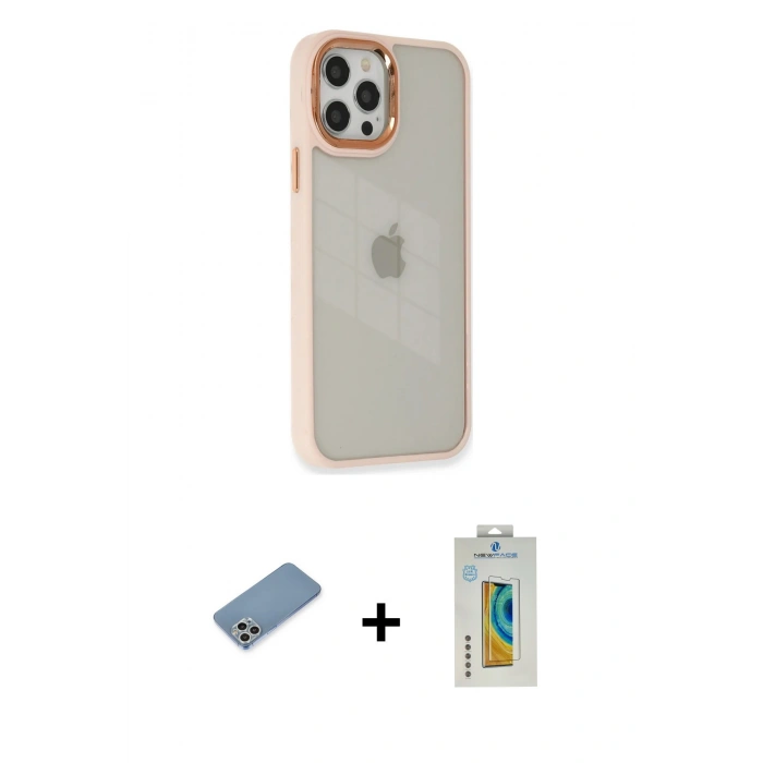 MARSİLYAN™- iPhone 12 Pro Max Kılıf Eksen Doku Prime - Siyah Polymer Nano Ekran Koruyucu + Gümüş Shine Kamera Lens Koruma Cam