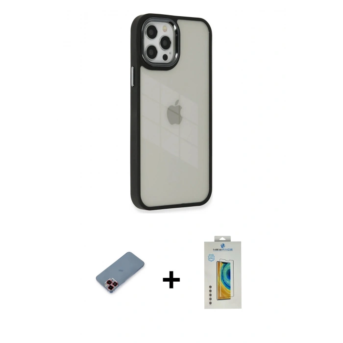 MARSİLYAN™- iPhone 12 Pro Max Kılıf Eksen Doku Prime - Siyah Polymer Nano Ekran Koruyucu + Kırmızı Metal Kamera Lens Koruma Cam